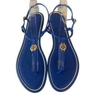 Tory Burch Emmy T-Strap Sandals Blue Gold Logo Ankle Strap 10